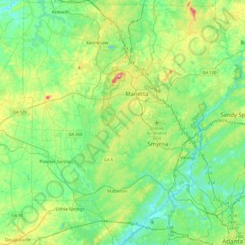 Topografische kaart Cobb County, hoogte, reliëf