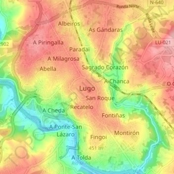 Topografische kaart Lugo, hoogte, reliëf