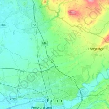 Topografische kaart Preston, hoogte, reliëf