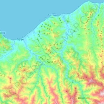 Topografische kaart Tirebolu, hoogte, reliëf