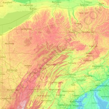 Topografische kaart Pennsylvania, hoogte, reliëf