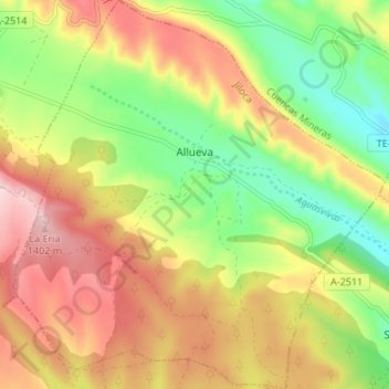 Topografische kaart Allueva, hoogte, reliëf