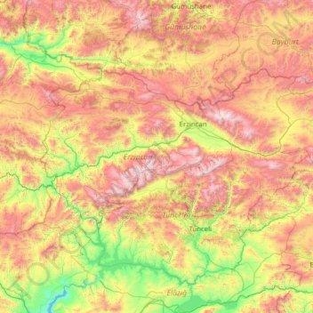 Topografische kaart Erzincan, hoogte, reliëf
