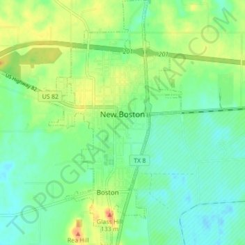 Topografische kaart New Boston, hoogte, reliëf