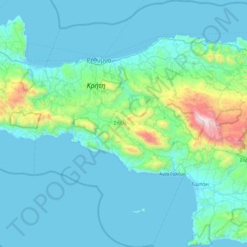 Topografische kaart Περιφερειακή Ενότητα Ρεθύμνης, hoogte, reliëf