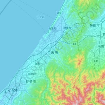 Topografische kaart 金沢市, hoogte, reliëf