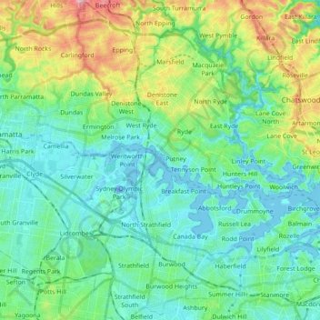 Topografische kaart Parramatta River, hoogte, reliëf