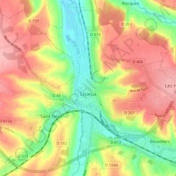 Topografische kaart Lisieux, hoogte, reliëf