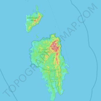 Topografische kaart Great Nicobar, hoogte, reliëf