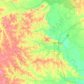 Topografische kaart Ouachita County, hoogte, reliëf