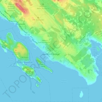 Topografische kaart Eastern Passage, hoogte, reliëf