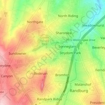 Topografische kaart Johannesburg Ward 101, hoogte, reliëf