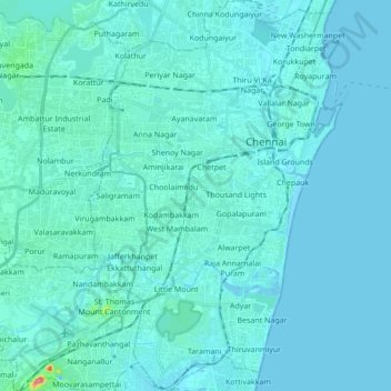 Topografische kaart Chennai District, hoogte, reliëf