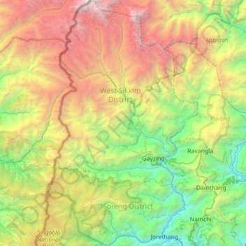 Topografische kaart West Sikkim District, hoogte, reliëf