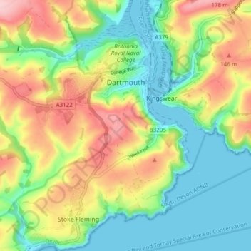 Topografische kaart Dartmouth, hoogte, reliëf