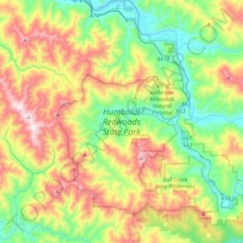 Topografische kaart Humboldt Redwoods State Park, hoogte, reliëf