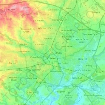 Topografische kaart Coventry, hoogte, reliëf