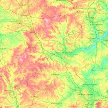 Topografische kaart West Northamptonshire, hoogte, reliëf