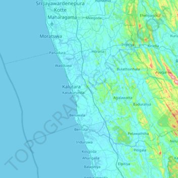Topografische kaart Kalutara District, hoogte, reliëf