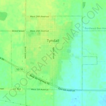 Topografische kaart Tyndall, hoogte, reliëf