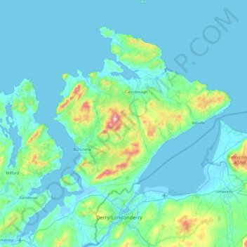 Topografische kaart Inishowen Municipal District, hoogte, reliëf