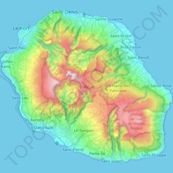 Topografische kaart Réunion, hoogte, reliëf