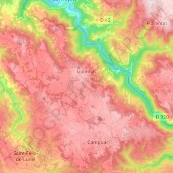 Topografische kaart Golinhac, hoogte, reliëf