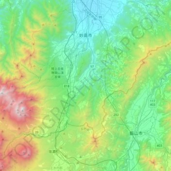 Topografische kaart Myoko, hoogte, reliëf