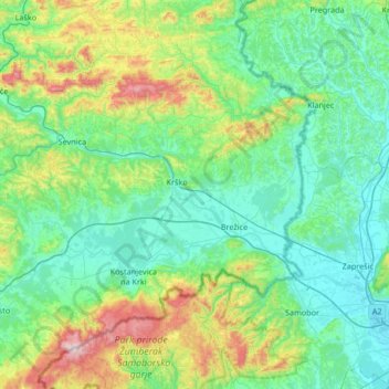 Topografische kaart Lower Sava Statistical Region, hoogte, reliëf