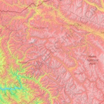 Topografische kaart Kargil district old, hoogte, reliëf