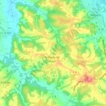 Topografische kaart Arblade-le-Haut, hoogte, reliëf