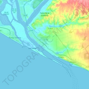 Topografische kaart Palos de la Frontera, hoogte, reliëf