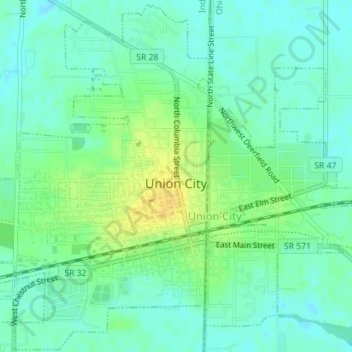Topografische kaart Union City, hoogte, reliëf