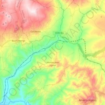 Topografische kaart Montecalvo Irpino, hoogte, reliëf