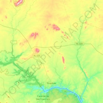 Topografische kaart Piranhas, hoogte, reliëf