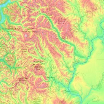 Topografische kaart Chelan County, hoogte, reliëf
