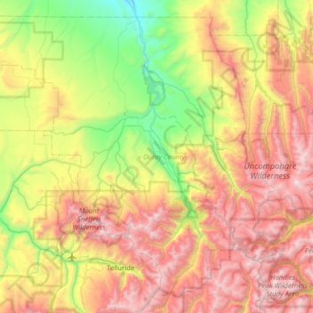 Topografische kaart Ouray County, hoogte, reliëf