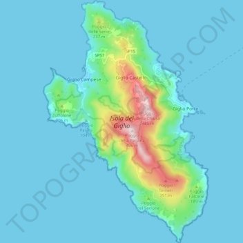 Topografische kaart Isola del Giglio, hoogte, reliëf