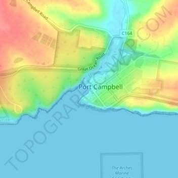 Topografische kaart Port Campbell Coastal Reserve, hoogte, reliëf
