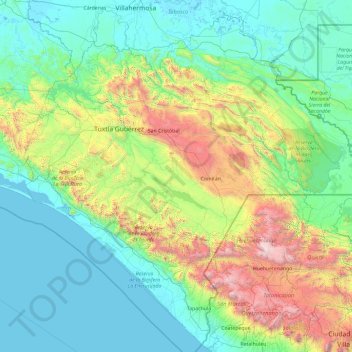 Topografische kaart Chiapas, hoogte, reliëf