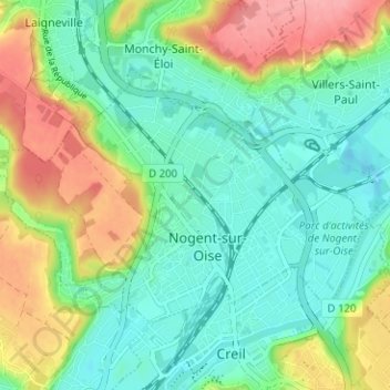 Topografische kaart Nogent-sur-Oise, hoogte, reliëf