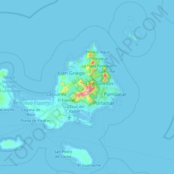 Topografische kaart Isla de Margarita, hoogte, reliëf