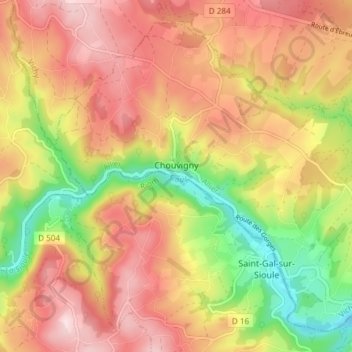 Topografische kaart Chouvigny, hoogte, reliëf