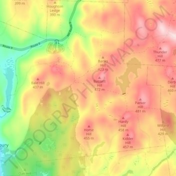Topografische kaart Roxbury, hoogte, reliëf
