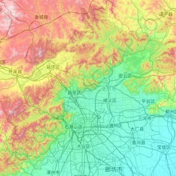 Topografische kaart Dongcheng District, hoogte, reliëf