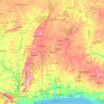 Topografische kaart Benin, hoogte, reliëf