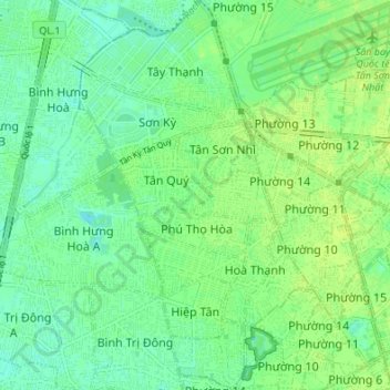 Topografische kaart Tan Phu District, hoogte, reliëf