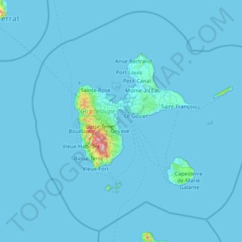 Topografische kaart Guadeloupe, hoogte, reliëf