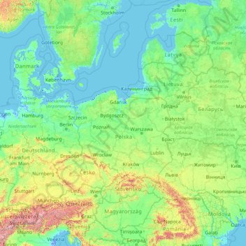 Topografische kaart Poland, hoogte, reliëf