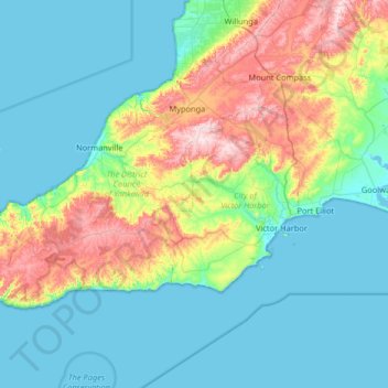 Topografische kaart Fleurieu Peninsula, hoogte, reliëf